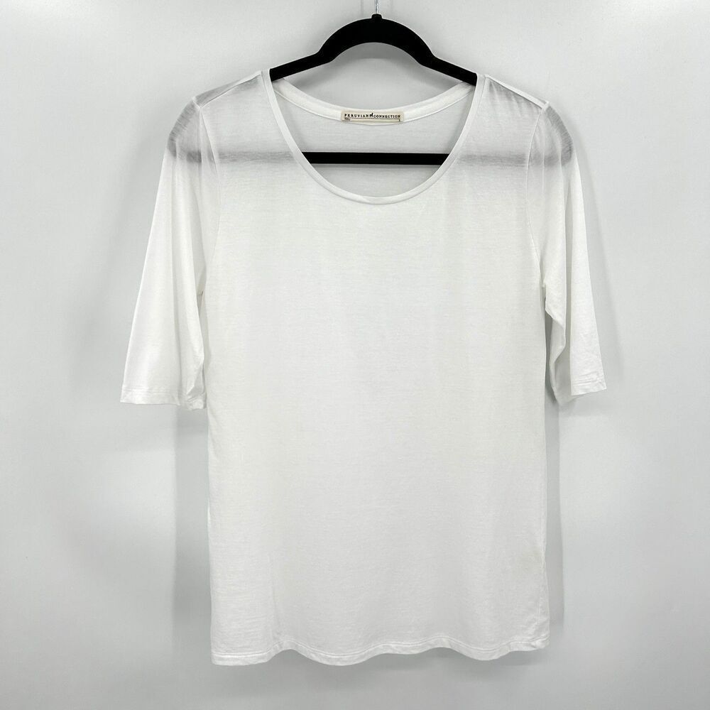 PERUVIAN CONNECTION Women's White Short Sleeve 100% Pima Cotton Shirt Size Small